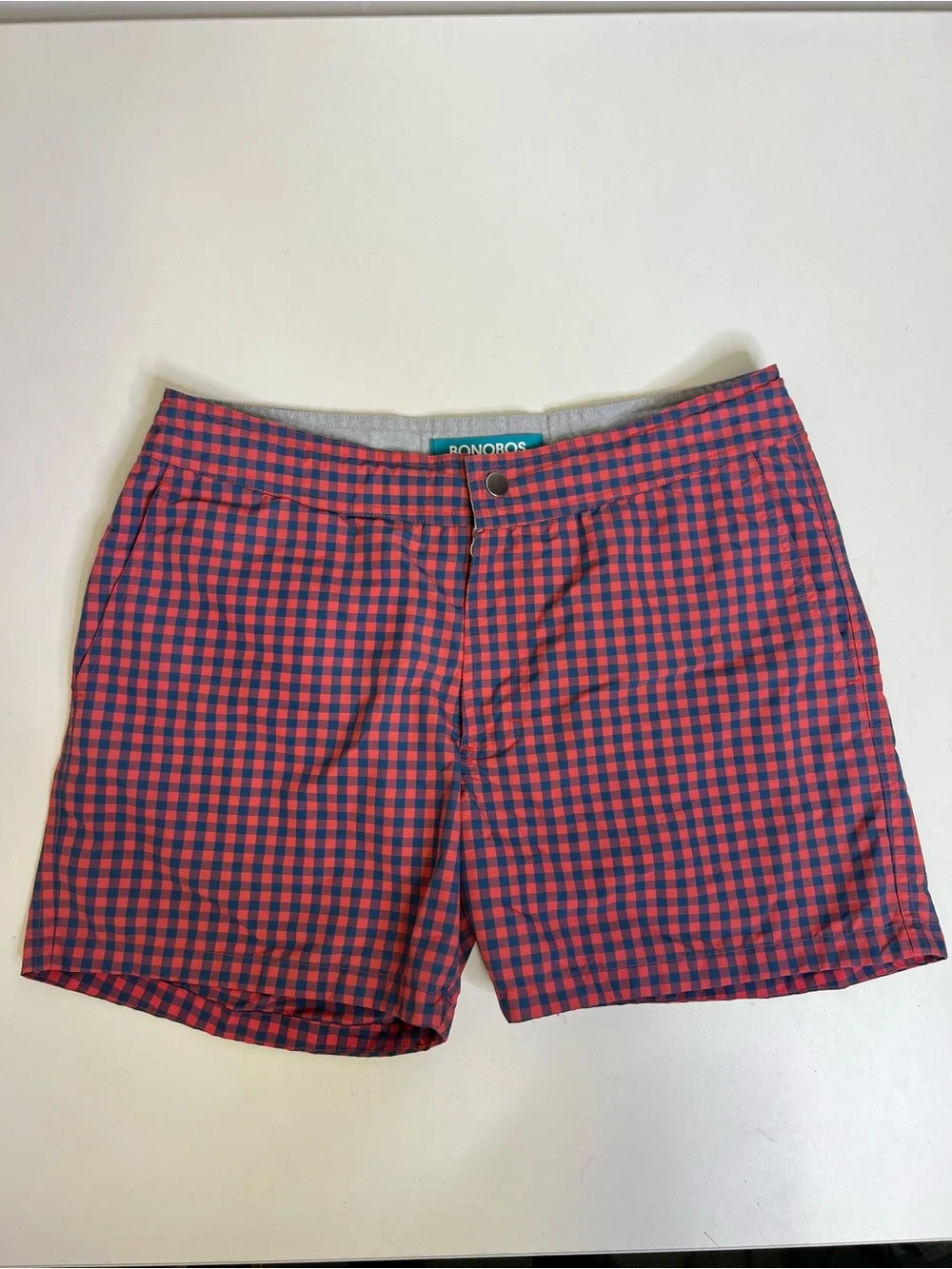 Bonobos Swim Trunks Mens 32 Pink Navy Blue Gingham Check 5